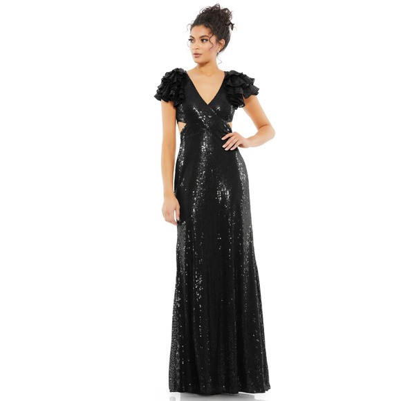 Mac Duggal Black Sequin Open Back V Neck Gown Dress 2 - Picture 2 of 6